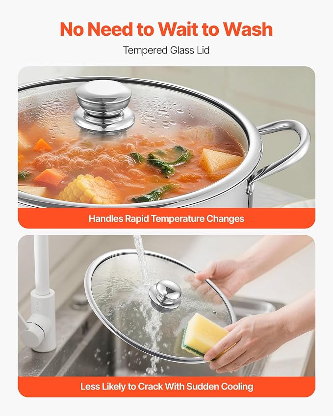 VEVOR Stainless Steel Stock Pot, 16QT Stainless Steel Stockpot with Glass Lid, PFOA-Free, PFAS-Free, Compatible with Gas Stoves, Induction Cooktops, Electric Stoves, for Soups, Stews, and Pasta