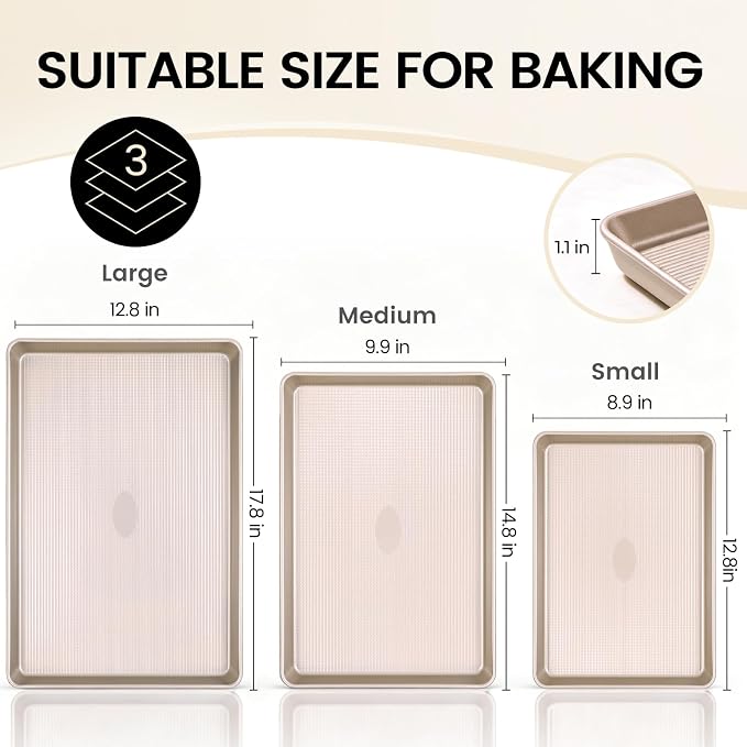 Vinino Baking Sheet Set of 3, Cookie Sheets For Baking with Square Texture Pattern, Thicker Carbon Steel Non-stick Baking Pan Half/Quarter/Jelly Roll Pans Tray for Oven