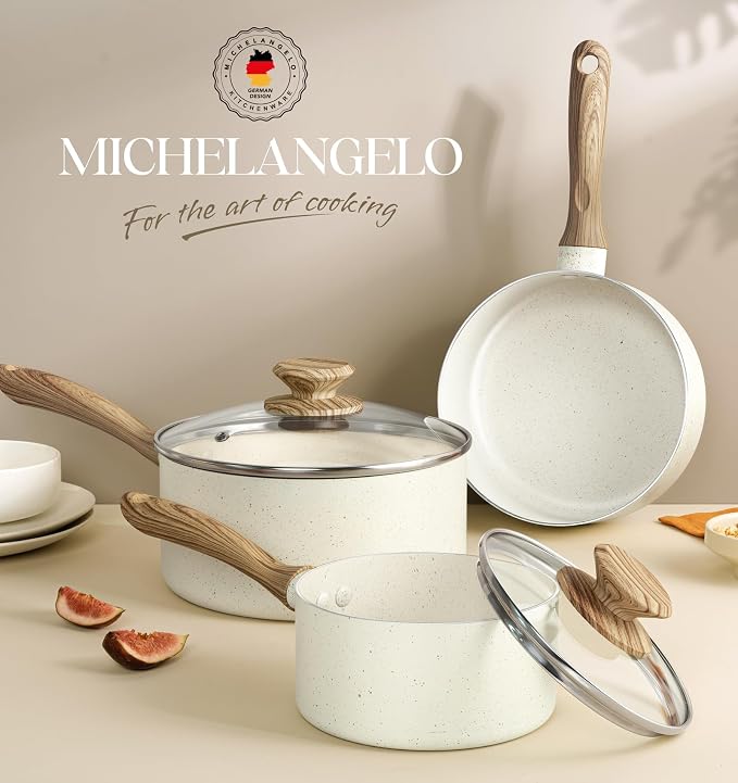 MICHELANGELO Saucepan Set with Lid, Nonstick Sauce Pan Sets with Granite Coatings, Non-Toxic Sauce Pot Sets of 3, Induction Compatible, 1Qt, 2Qt & 3Qt, White
