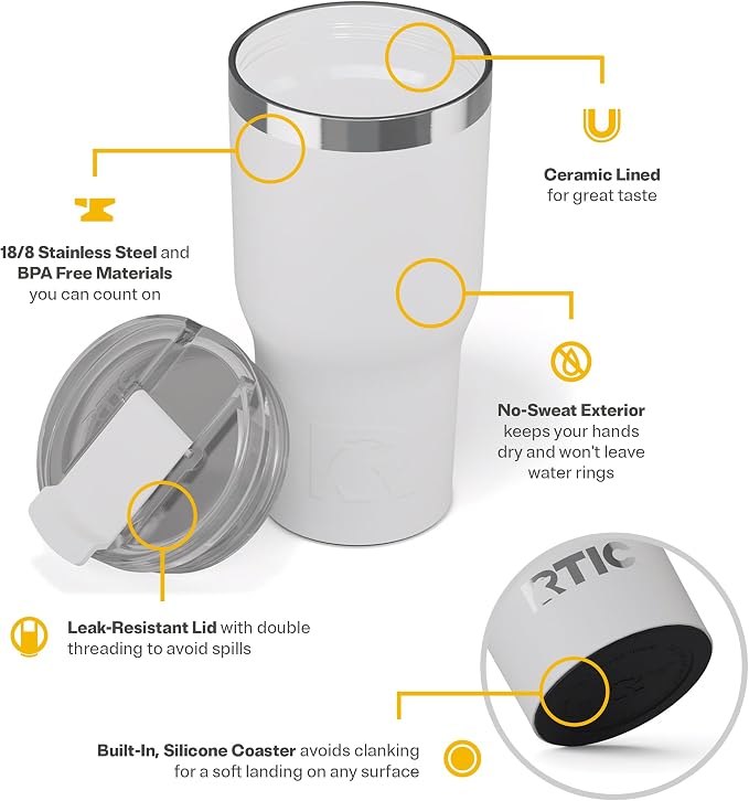 RTIC 20oz Essential Tumbler with Lid, Ceramic Lined, White | Insulated, Stainless Steel Metal, Portable Travel Cup for Hot and Cold Drinks, Coffee, Car, Camping and Travel