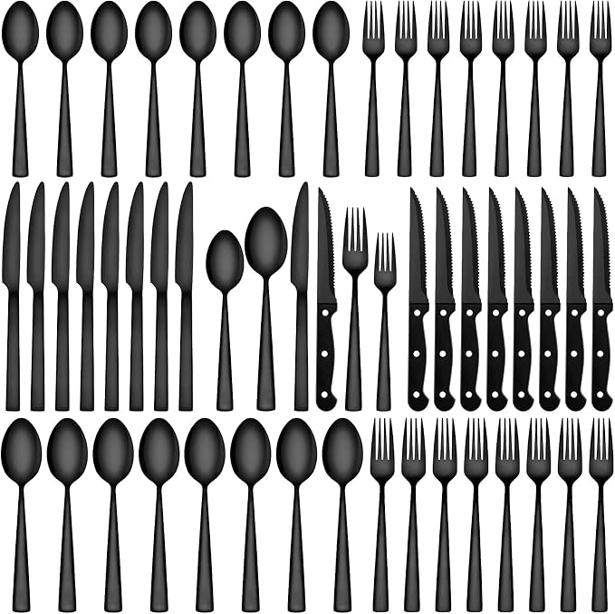 72-Piece Black Silverware Set with Steak Knives for 12, Black Flatware Set | CEKEE Stainless Steel Tableware Cutlery Set, Kitchen Utensils Set for Home & Restaurant, Heavy Duty & Mirror Finished