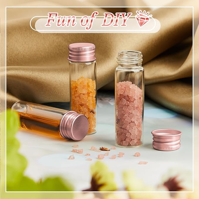 Didaey 100 Pcs Small Clear Vials Spice Mini Jars with Lids Mini Glass Bottles with Screw Aluminum Metal Caps Tiny Jars Sample Containers for Powder Cream Cosmetic Jewelry Wedding (15 ml,Rose Gold)