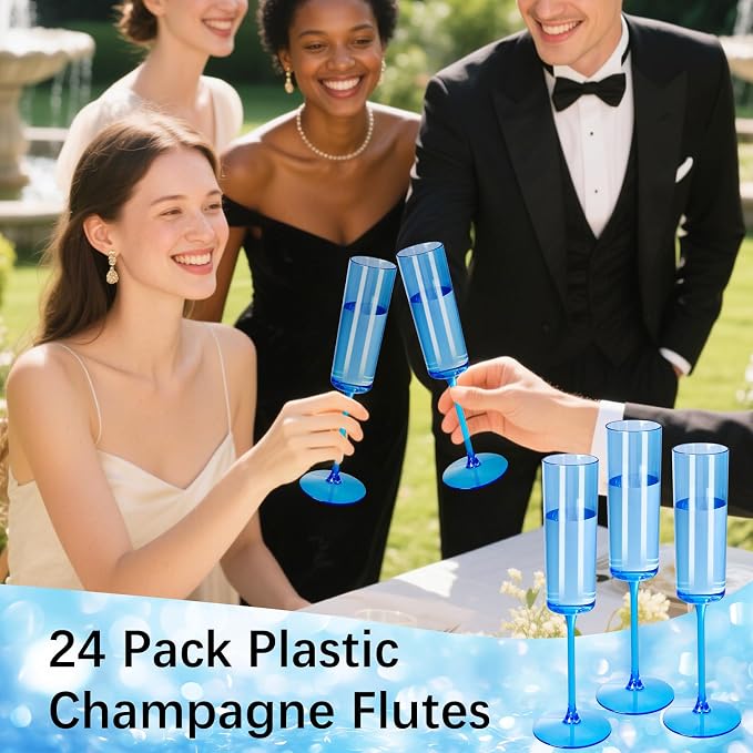 YOUBET 24Pack Blue Champagne Flutes Plastic for Party Birthday Wedding | 6 oz Blue Disposable Plastic Wine Toasting Glasses with Stem for Anniversary Celebrations