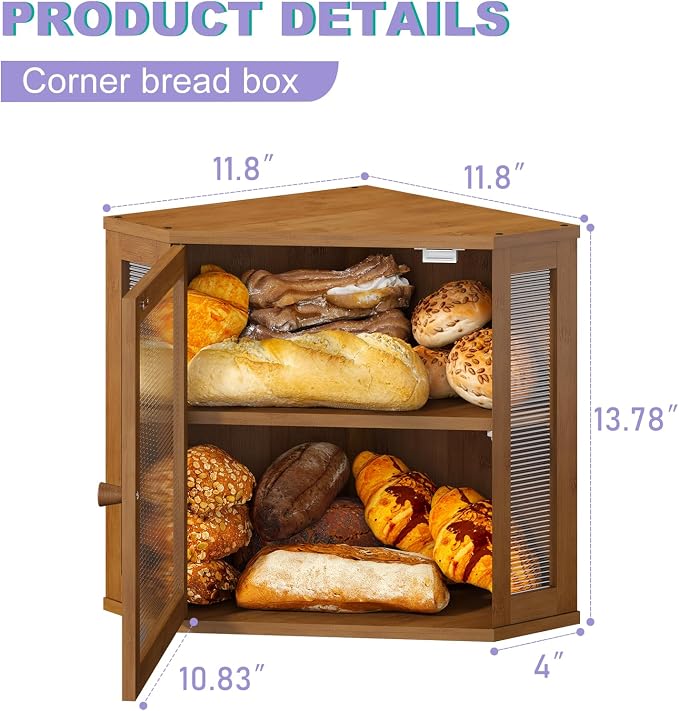 Corner Bread box for Kitchen Countertop,Farmhouse Bread Box with Acrylic Wavy Door Panel,Large Bread box for kitchen countertop,Kitchen Countertop Food Storage Container (Brown, Meduim)