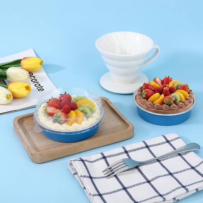 Beasea Mini Tart Pans with Lids 50 Pack, 4" 7.3oz Disposable Aluminum Foil Baking Tins Cups Round Pie Container for Individual Cupcake Dessert Muffin Cheesecake Quiche - Zebra Stripes