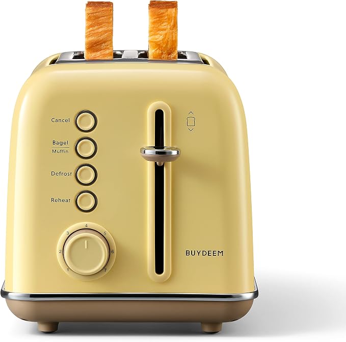 BUYDEEM DT620 2-Slice Toaster, 7 Shade Settings, Extra Wide 1.5'' Slots for Bagel & English Muffin, 6 Toasting Functions, Retro Stainless Steel Toaster with High Lift Lever, Mellow Yellow