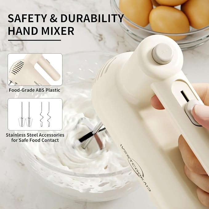 Hand Mixer Electric 5-Speed Upgraded Motor Turbo White | Electric Handheld Hand Mixer with Stainless Steel Beaters&Dough Hooks,Turbo Ultra Power Plus Eject Button for Cakes and Eggs