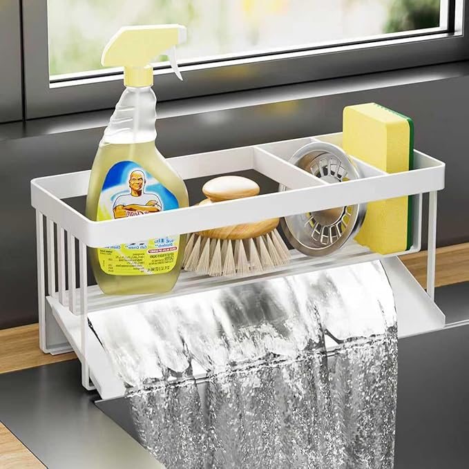 Kitchen Sink Caddy Organizer for Kitchen Countertop Organizers White | 304 Stainless Steel, Removable Drip Tray, Home Decor Accessories
