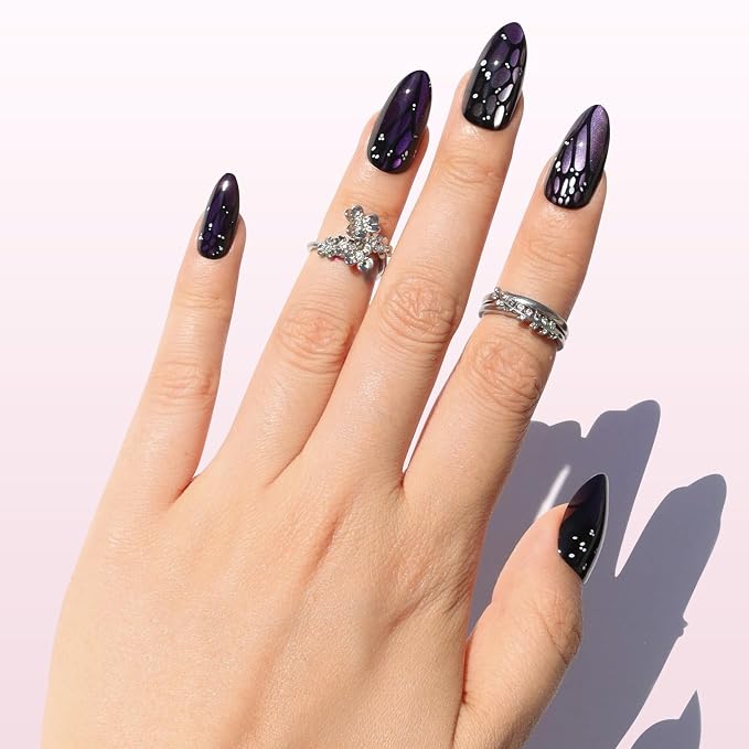 Nail Reformation Press On Nails, Purple Mariposa | Medium Almond Fake Nails | with Purple Cat Eye & Butterfly Wing in Glossy Finish, Reusable Stick On Nails in 15 Sizes - 30 Nail Kit for Women Gifts