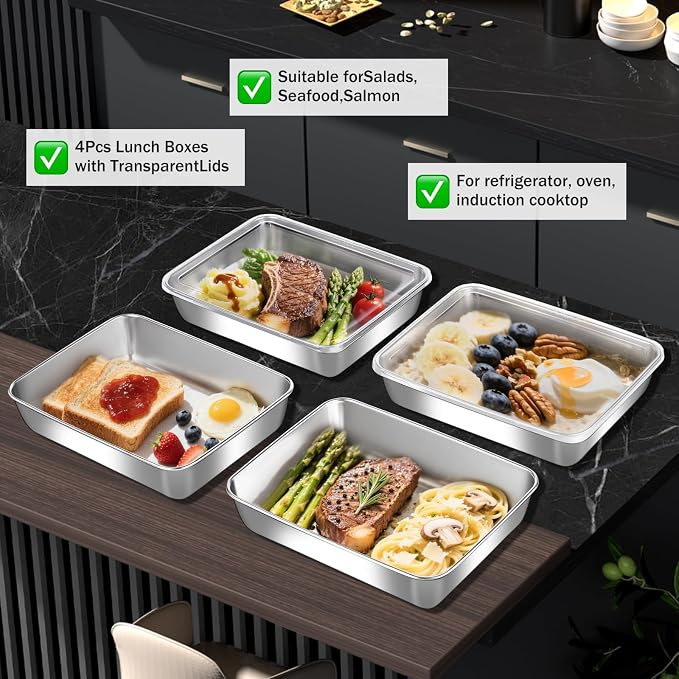 8-Piece Stainless Steel Food Storage Containers with Lids - Stackable, Reusable Meal Prep Containers for Kitchen, Lunch & Fresh Produce (8 Containers + 8 Lids)