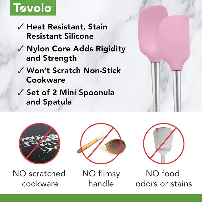 Tovolo Flex Core Silicone Spatula Spoonula Set of 2 for Non Stick Cast Iron Cooking & Baking, Dishwasher Safe Heat Resistant BPA Free Long Stainless Steel Handle Kitchen Utensil, Pink Sorbet