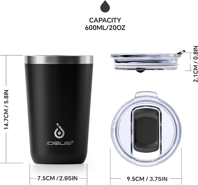 Ideus 20 oz Tumbler, Travel Coffee Mug with Splash Proof Sliding Lid, Double Wall Stainless Steel Vacuum Insulated Coffee Mug for Home and Office, Keep Beverages Hot or Cold, Black
