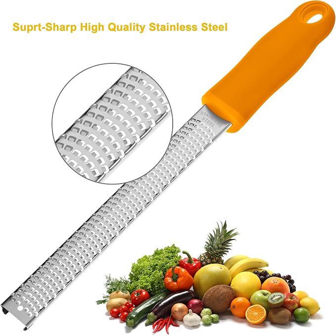 8-Inch Lemon Zester & Cheese Grater, 18/8 Stainless Steel, Orange | Fine 18/8 Stainless Steel Blade for Citrus, Parmesan, Ginger and Garlic, Soft Non-slip Handle, Cover, Dishwasher Safe