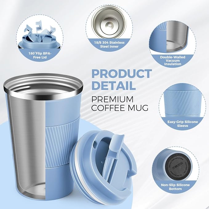 Volhoply 13 oz Stainless Steel Insulated Travel Coffee Mug with Fip Lid Bulk 2 Pack,Reusable Double Wall Vacuum Metal Coffee Cup,Portable Leak Proof Thermal Tumbler for Hot & Cold Drinks(Fog,2)