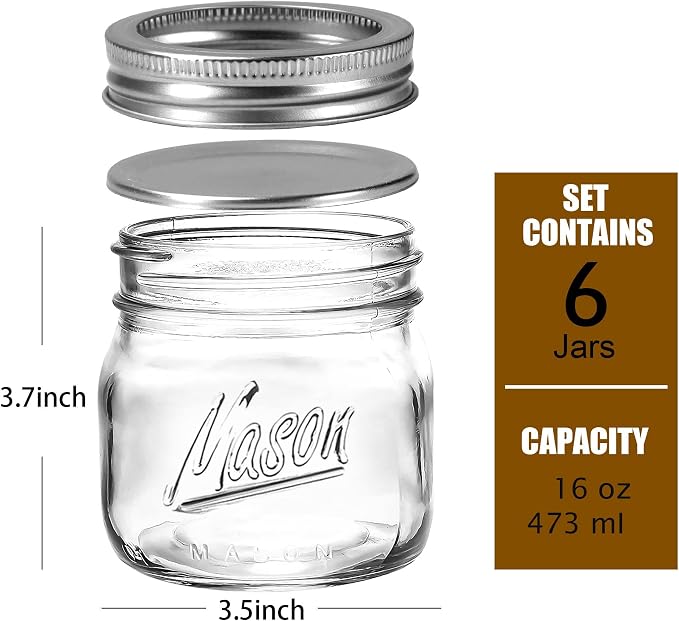 Ieavier 6PCS Wide Mouth Mason Jars 16oz with Airtight Lids and Bands | Canning Jars with Crystal Glass for Food Storage, Spice Jars, Canning, DIY Projects, Jam, Jelly, Honey, Preserving, Drinking