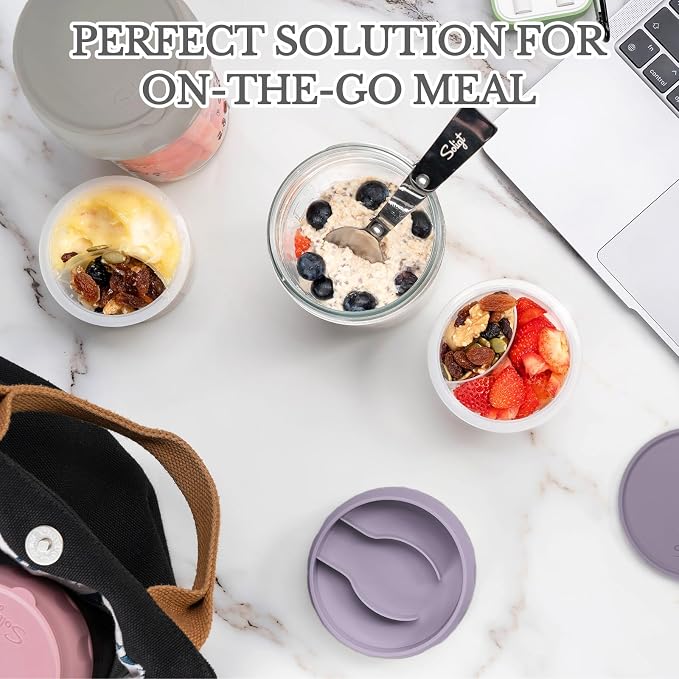 SOLIGT 4 Pack Overnight Oats Containers with Lids, Folding Spoons and Divided Compartments for Fruit & Nuts, Small Glass 16oz Mason Jars for Oatmeal Yogurt Parfait | Folding Spoons and Divided Compartments for Fruit&Nuts, Small Glass 16oz Mason Jars fo...