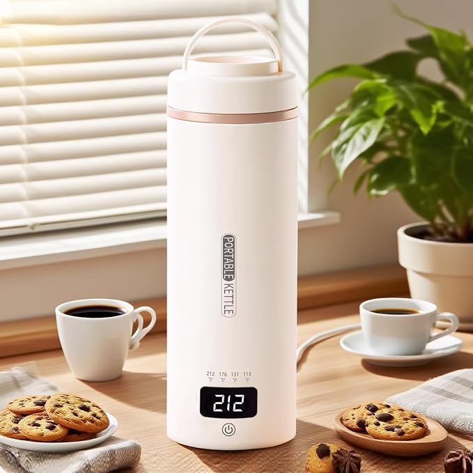 Travel Kettle, Portable Electric Kettle for 4 Temperature Controls, Cream | 304 Stainless Steel Liner, Auto Shut-off, 300W (120V) Fast Boiling, Water Bottle for Business Trips, Dorm & Office, 450ml