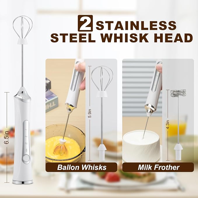 Handheld Electric Milk Frother with 2 Heads, Coffee Whisk Foam Mixer with USB Rechargeable 3 Speeds, Foam Maker Blender for Latte, Cappuccino, Hot Chocolate, Egg (Type 4)