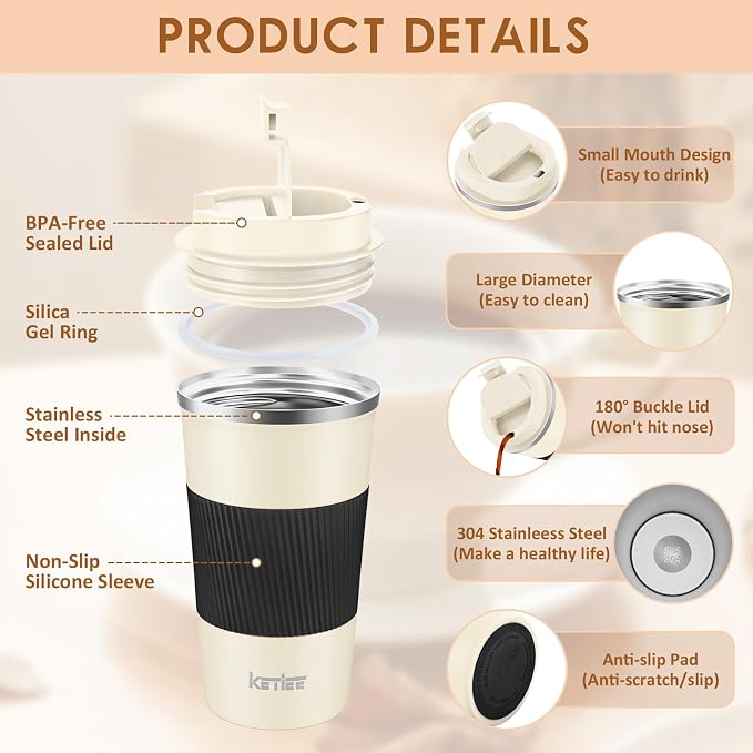 KETIEE 12oz Travel Mug: Vacuum Insulated Coffee Cup with Leakproof Lid, Travel Coffee Mug Stainless Steel Double Walled Reusable Coffee Cup for Hot and Cold Water Tea (Beige)