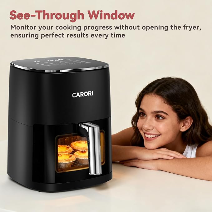 CARORI 6 Qt Air Fryer with Viewing Window, 12 Presets and DIY Mode, 1700W, 400°F Max, Large Nonstick Dishwasher-Safe Basket, Bake, Roast, Reheat, Dehydrate, Black