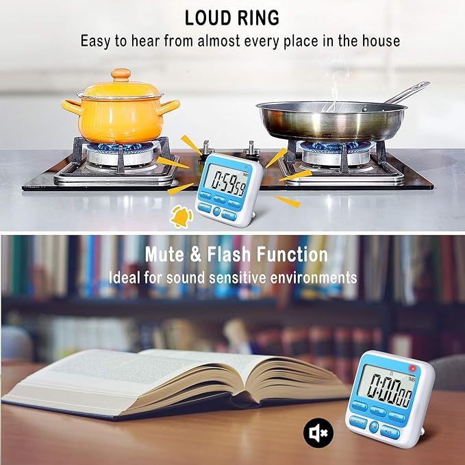 4-in-1 Digital Timer with Count Up/Down, Clock & Alarm, Ring & Silent Modes | Large 2.8-Inch easy-read LCD, On/Off switch, 24-Hour count up/down, Fast-forward function, Magnetic back, stand, hanging hole