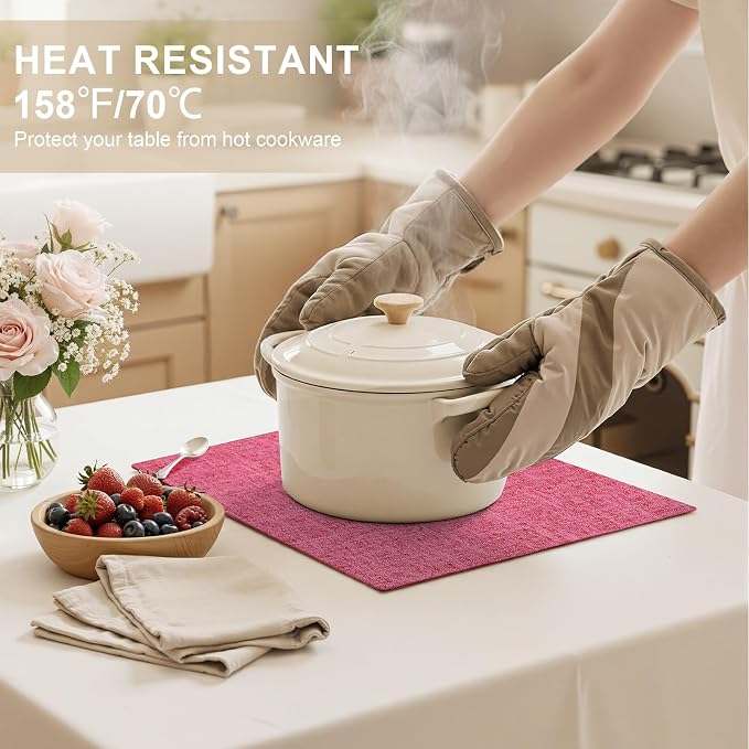 Faux Cotton Linen Placemats Set of 6, Cloth Washable Farmhouse Dining Table Mats for Indoors & Outdoors, Easy to Clean, Hot Pink, 13 x 19 Inch