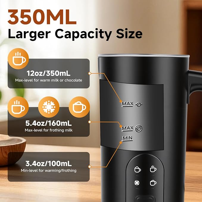 Philorn 4-in-1 Electric Milk Frother and Steamer, Frother for Coffee - Quick Hot & Cold Foam, Warm Milk, 350ml/11.8oz, Quiet, Auto Shut-Off, Non-Stick, for Coffee Lovers, Home & Office
