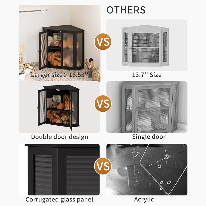Corner Bread Box for Kitchen Counter, Black Bamboo Bread Box with Real Glass Door, Double Layer Space Saving Bread Storage for Homemade Bread