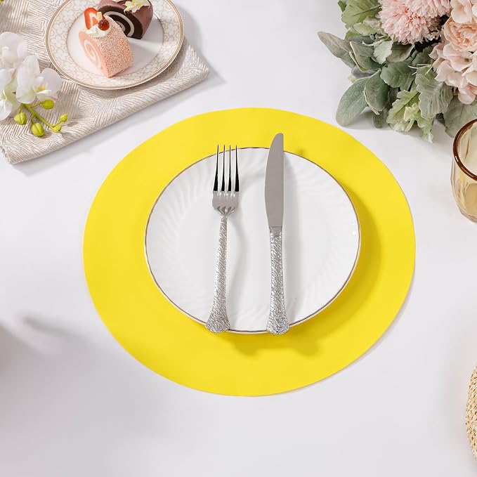 SHACOS 100 pcs Round Paper Placemats Disposable 13 inch Colored Paper Decorative Place Mats for Wedding Birthday Party Bridal Baby Shower Events Table Decoration, Yellow (Pack of 2)