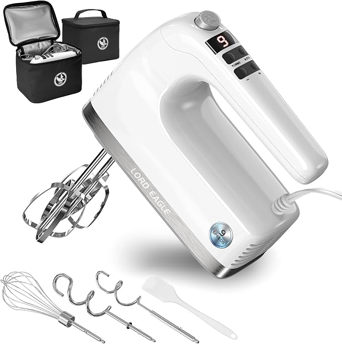 Lord Eagle 9-Speed Digital Hand Mixer Electric Handheld, 500W DC Motor | Kitchen Mixer for Cake Baking, Lightweight Egg Beaters with Stain-resistant & Waterproof Storage Bag & 6 Accessories