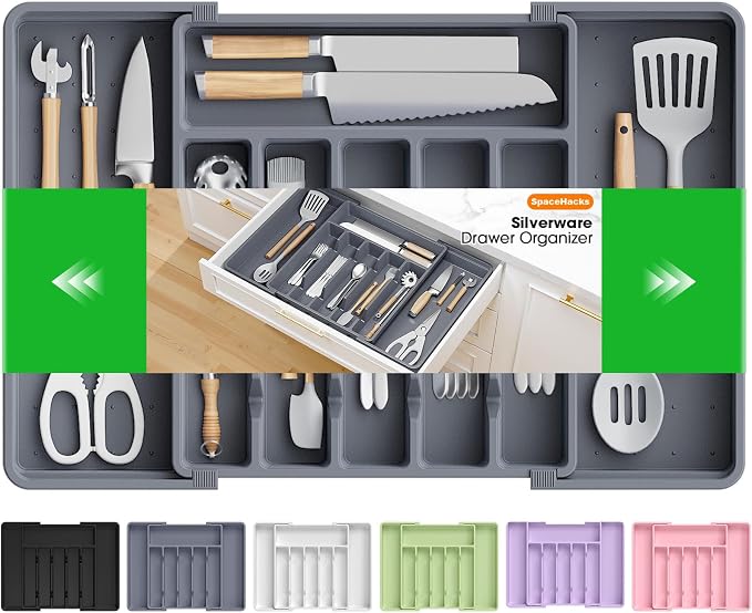 SpaceHacks Silverware Organizer，Adjustable & Expandable Drawer Organizer | Utensil Drawer Organizer, BPA Free Utensil Holder, Cutlery Tray for Forks, Spoons, Knives in Kitchen, Large, Grey