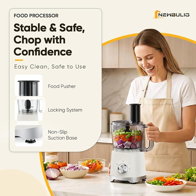 NEWBULIG 10.5 Cups Food Processor, Versatile Food processors with 5 Blades, 600W Powerful Meat Grinder for Slicing, Shredding, Chopping, Kneading, Dishwasher Safe, for Meat, Vegetables, Fruit, Dough