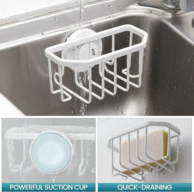 TAILI Sponge Holder for Kitchen Sink with Suction Cup-White, Aluminum | Rustproof Aluminum Sink Caddy for Sponges,Brushes,Stoppers & Scrapers,Removable Ventilated Quick-dry Design, holds Up 11lbs