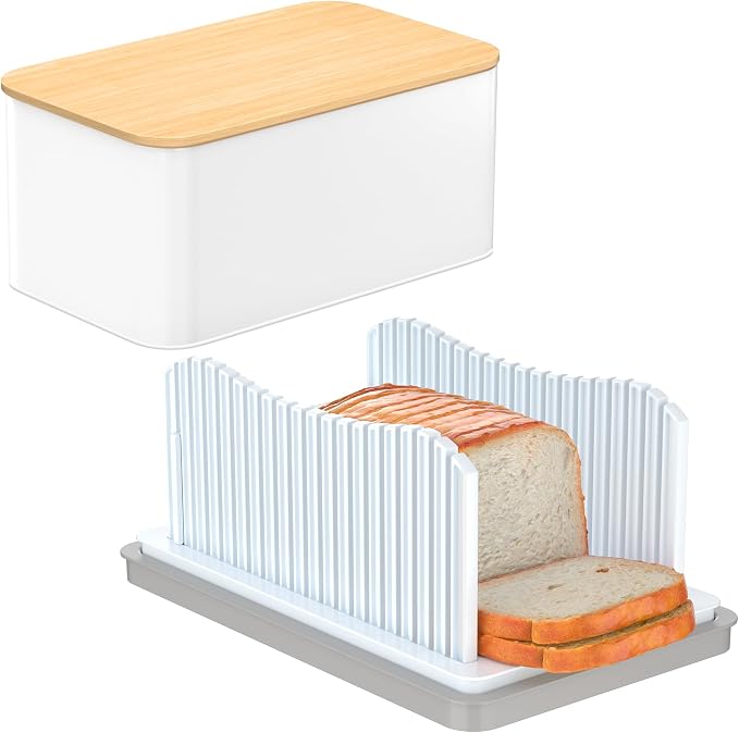 CAWIU Bread Slicer for Homemade with Box, Foldable Bread Slicing Guide | Compact Bread Cutter with Crumb Tray, Adjustable Width Bread Cutting Guide for Loafs, Sandwiches, Bagels, and Cakes