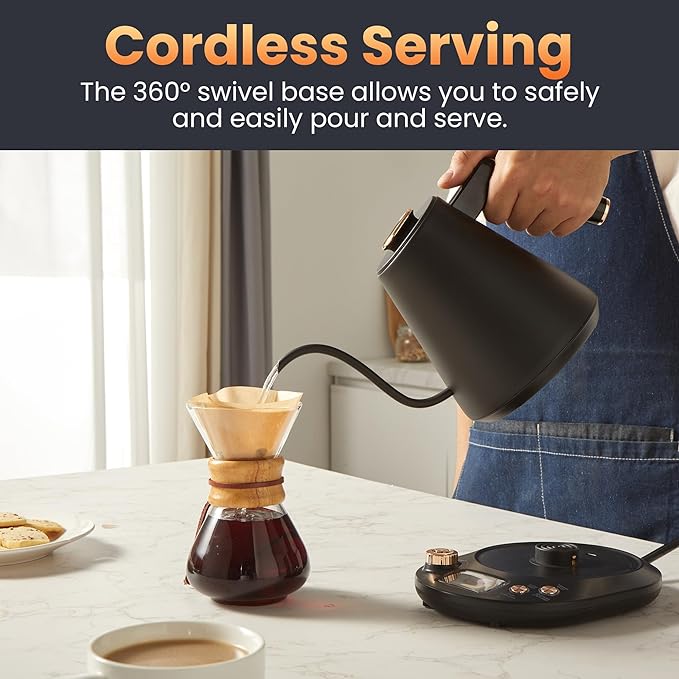 Elite Gourmet EKT3001 1L Digital Kettle, 304 Stainless Steel, Matte Black | Programmed Temperatures, Keep Warm Function, Cordless 360° Base, Auto Off & Audible Indicator