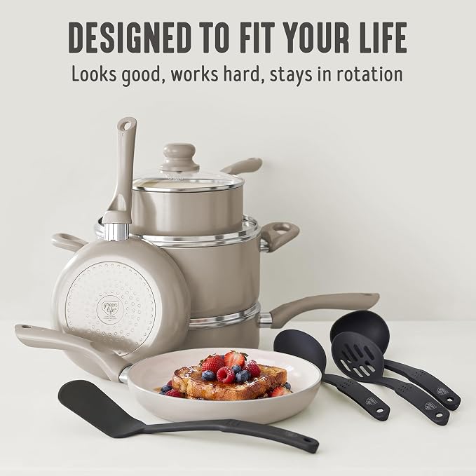 GreenLife 16pc Ceramic Nonstick Pots & Pans Cookware Set, Beige Taupe | PFAS-Free Nonstick Coating, Stockpot, Frying Pans, Saucepan, Sauté, Induction Ready, All Stovetop Compatible, Dishwasher Safe
