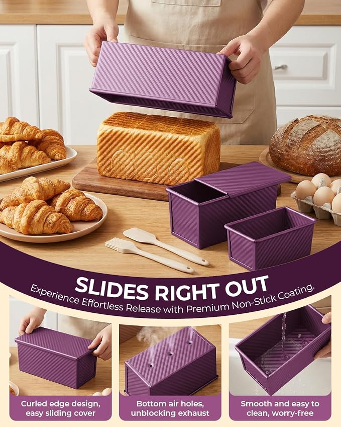 CARTMAN 3-Piece Pullman Loaf Pan with Lid, 2.2/1/0.8 LB Bread Pan, Purple | Includes 2.2/1/0.8 LB sizes & silicone tools, bottom vents, nonstick carbon steel, nesting storage, for bread & brownies