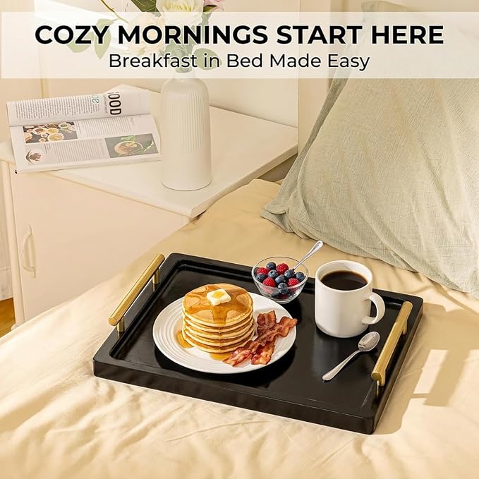 PEKER Wooden Serving Tray with Metal Handles, Black Decorative Coffee Table Tray for Breakfast in Bed, Ottoman & Home Décor, Wooden Food Tray for Kitchen