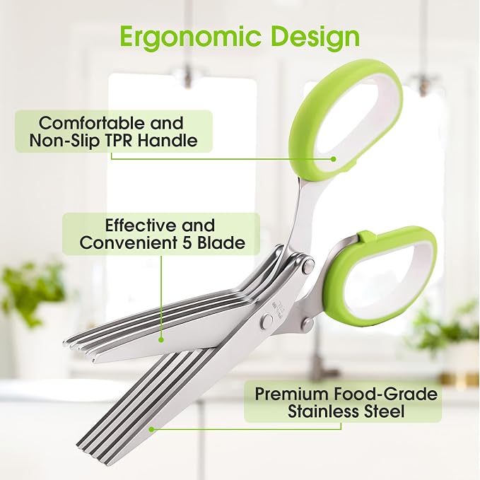 Herb Scissors, Kitchen Shears with 5 Blades and Cover, Multipurpose Cutting, Dishwasher Safe, Used for cutting herbs and paper, Green