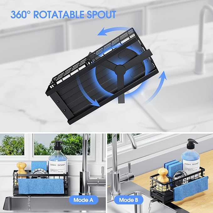 Metal Kitchen Sink Sponge Holder, Countertop Sink Caddy, Black | Rustproof Kitchen Caddy Sink Organizer, Non-Slip Sponge Caddy with 360° Self-Draining Tray, Detachable Dish Cloth Holder