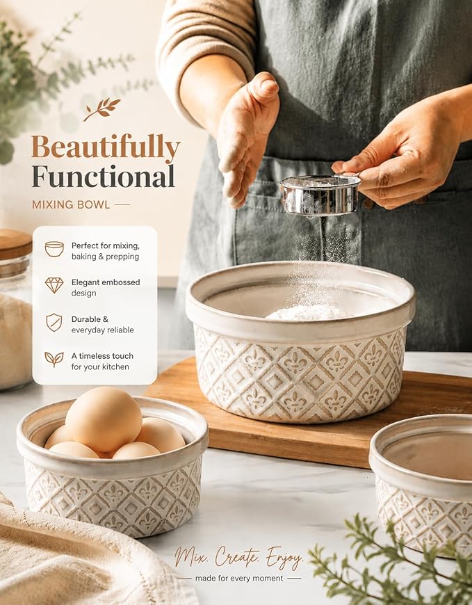 Airtight Food Storage Containers with Lids Mixing Bowls Set, Ceramic Serving Bowls with Lids Set of 4, 12/16/28/40 oz Stackable Nesting Salad Bowls for Cooking, Baking, Ramen - Beige