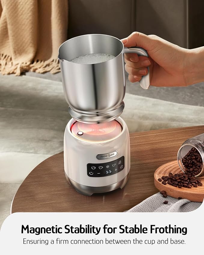 Hazel Quinn Milk Frother, Hot & Cold, Detachable Jug, 400ml, Pearl White | 5-in-1 electric milk frother and steamer, large capacity, stainless steel , dishwasher safe, for coffee/milk/hot choc