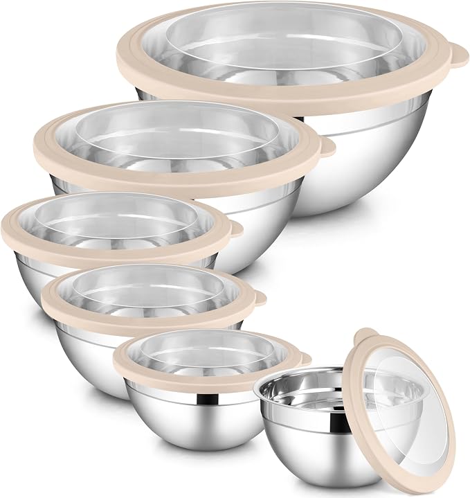 LIANYU 6 PCS Mixing Bowls with Visible Lid, Size 7, 3.5, 2.5, 2, 1.5, 1QT | Large Stainless Steel Nesting Bowl Set, Metal Kitchen Serving Bowls for Cooking, Baking, Freezer & Dishwasher Safe, Khaki