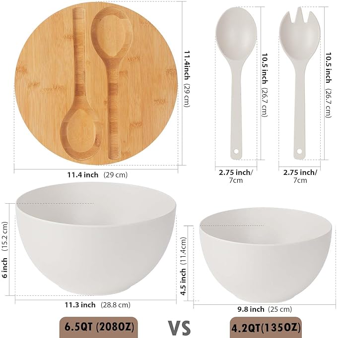11.3" Extra Large Salad Serving Bowl Set with Wooden Lid&Utensils, 6.5Qt., Bamboo Fiber Salad Bowl with Servers for Kitchen, Lightweight Big Bowl for Mixing Salad,Fruit,Pasta - Matte White