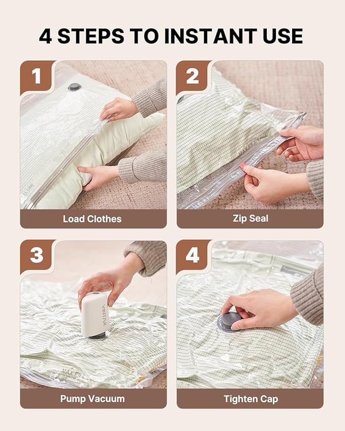 VINTAR 12 Pack Vacuum Seal Bags for Clothing Travel with Cordless Pump | Space Saver Vacuum Storage Bags, USB Rechargeable Pump, 4 Sizes Compression Bags Set for Travel Luggage Clothes Bedding
