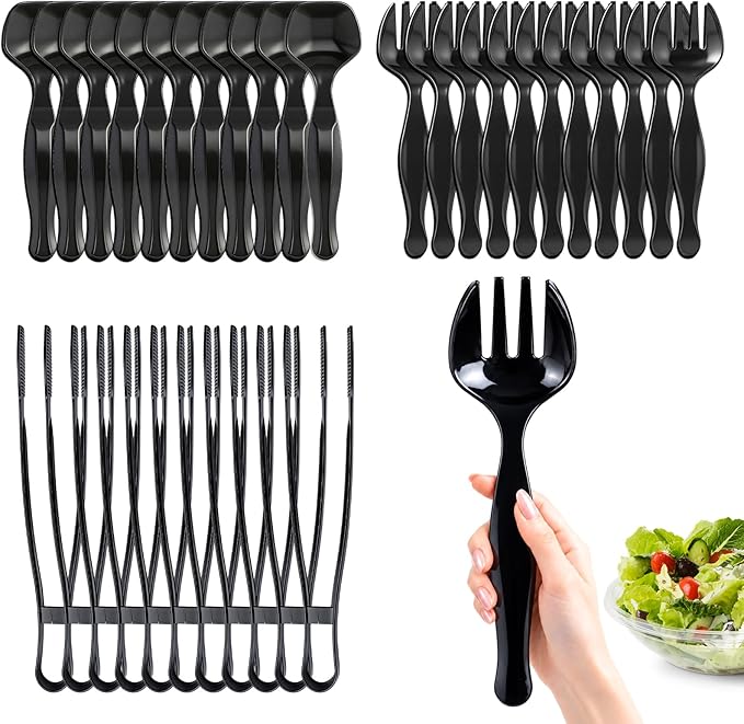 36 Pcs 9 Inch Plastic Serving Utensils Set, for Large Party | 12 Black Spoons + 12 Forks + 12 Tongs, Heavy Duty Disposable Tableware, for Buffet, Catering, Salad, Pasta and Soup