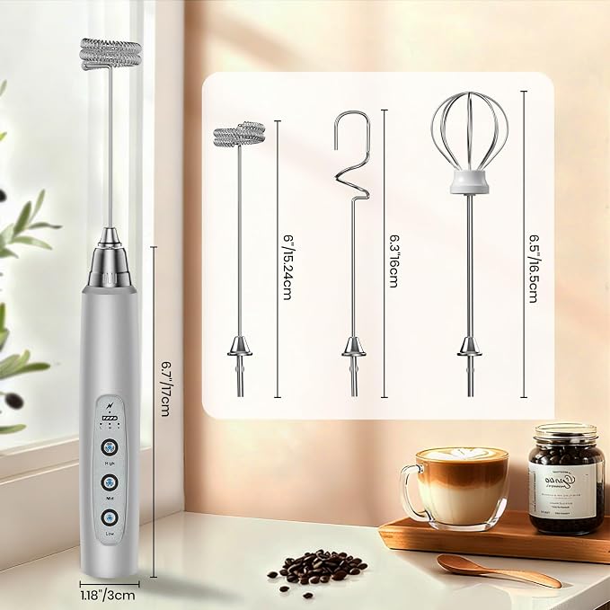 Colarlemo Milk Frother Handheld Rechargeable, Frother Wand Drink Mixer Electric Whisk for Coffee, Detachable With 3 Stainless Whisks, Hand Mixer for Lattes, Cappuccino, Matcha, Egg, No Stand, Silver