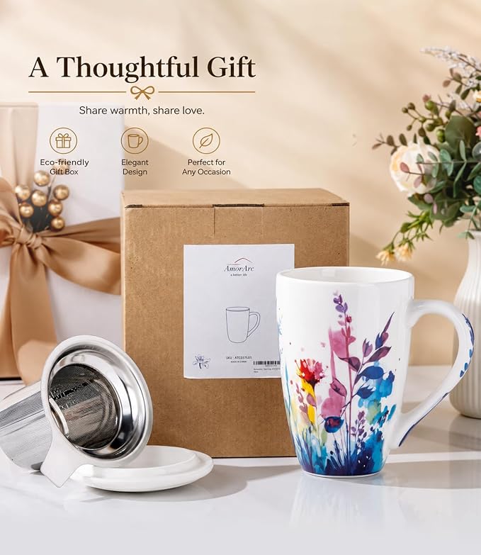 AmorArc Tea Cup With Infuser and Lid, 18oz Loose Leaf Tea Mug With Steeper | Porcelain Tea Mug With Infuser and Lid, Strainer Tea Cup for Tea Lovers, Home & Office, Housewarming Birthday Gift
