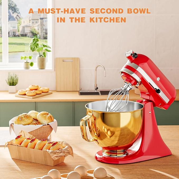 Stainless Steel Mixer Bowl for KITCHENAID TILT-HEAD 4.5-5 Qt Mixer | Anti-slip handle & Prominent Clasp, 5 QT Food-Grade Stainless Steel Polished, Gold