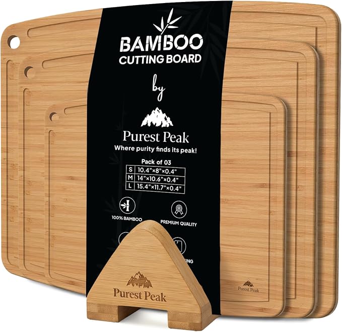Bamboo Cutting Board Set of 3 with Storage Holder, Reversible Wood Cutting Boards with Juice Groove, Food-Safe Oil Finish, Small Medium Large for Kitchen, Meat, Vegetables,Cheese & Serving